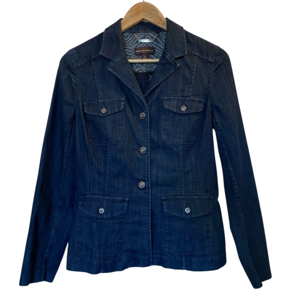 DANA BUCHMAN Dark Blue Button Front Lapel 4-Pocket Denim Jean Jacket - Size 8 - Picture 1 of 16
